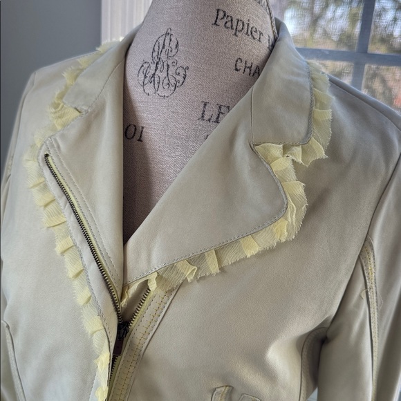 Visconf Italian leather moto jacket silk trim soft sage green EUC size M - Picture 4 of 16